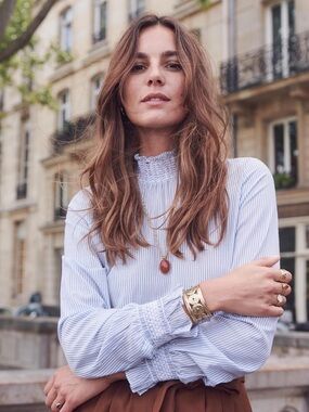 Sezane • Cathy Blouse blue white stripe top smocked ruffle sleeve high neck